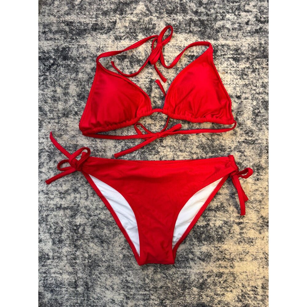 NWOT Charmo Red V-Neck Triangle Halter Tie-Side Bikini Set Size M